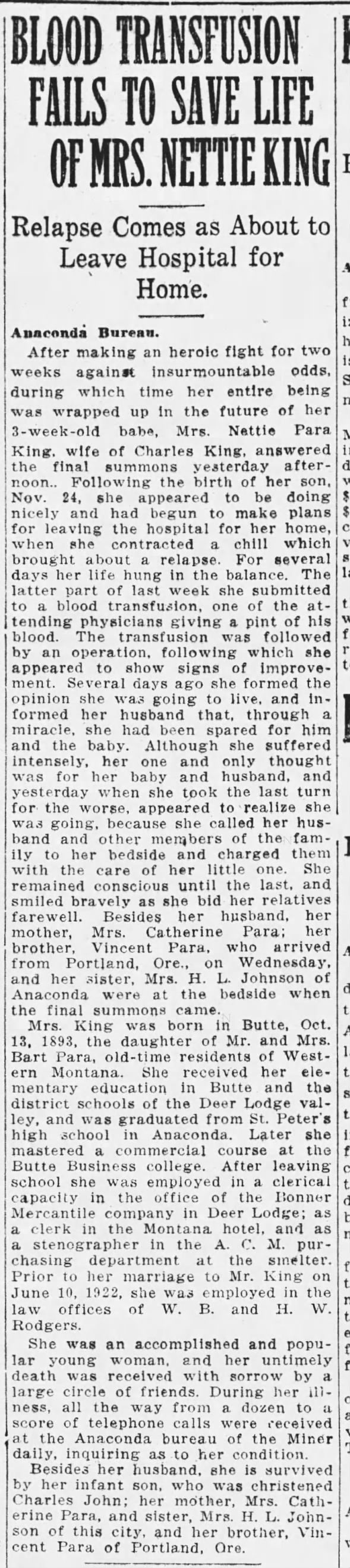 Eggen Family Tree - Nettie Para King - 1923 - Death Notice